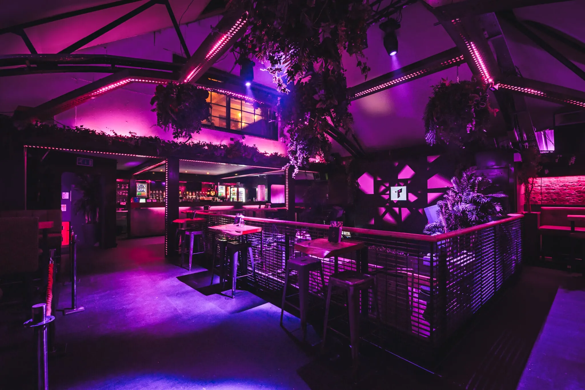 The Terrace at Thompsons before doors, lit in purple